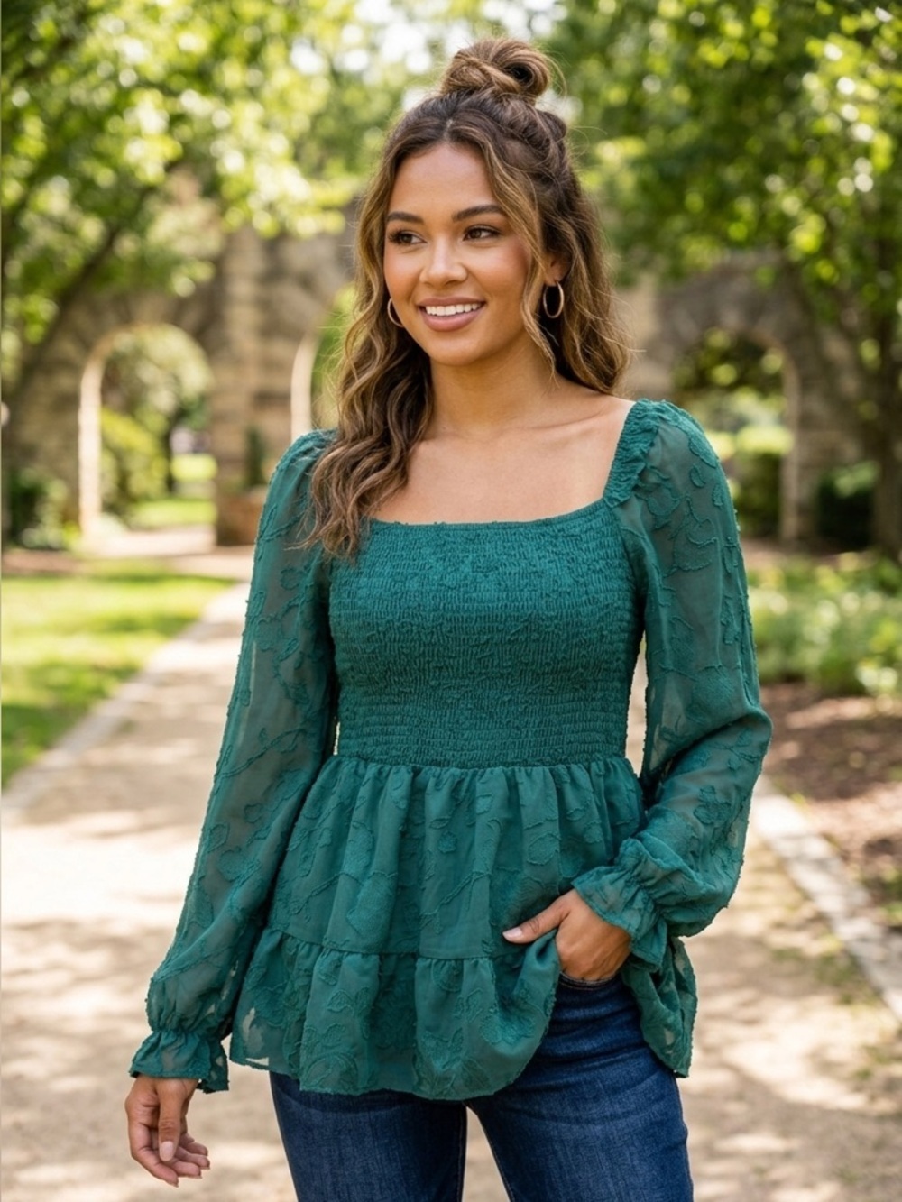 ANRABESS | Chic Green Smocked Blouse | Sz L